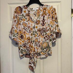 C by One White and Yellow Floral Tie Front Blouse Top Size Small